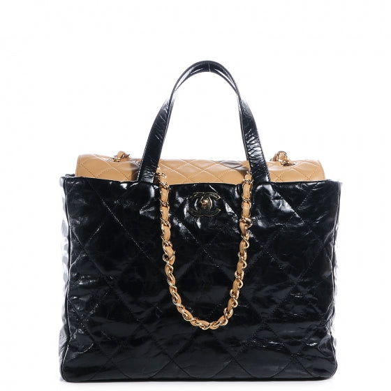 Glazed Calfskin Portobello Tote Black Beige