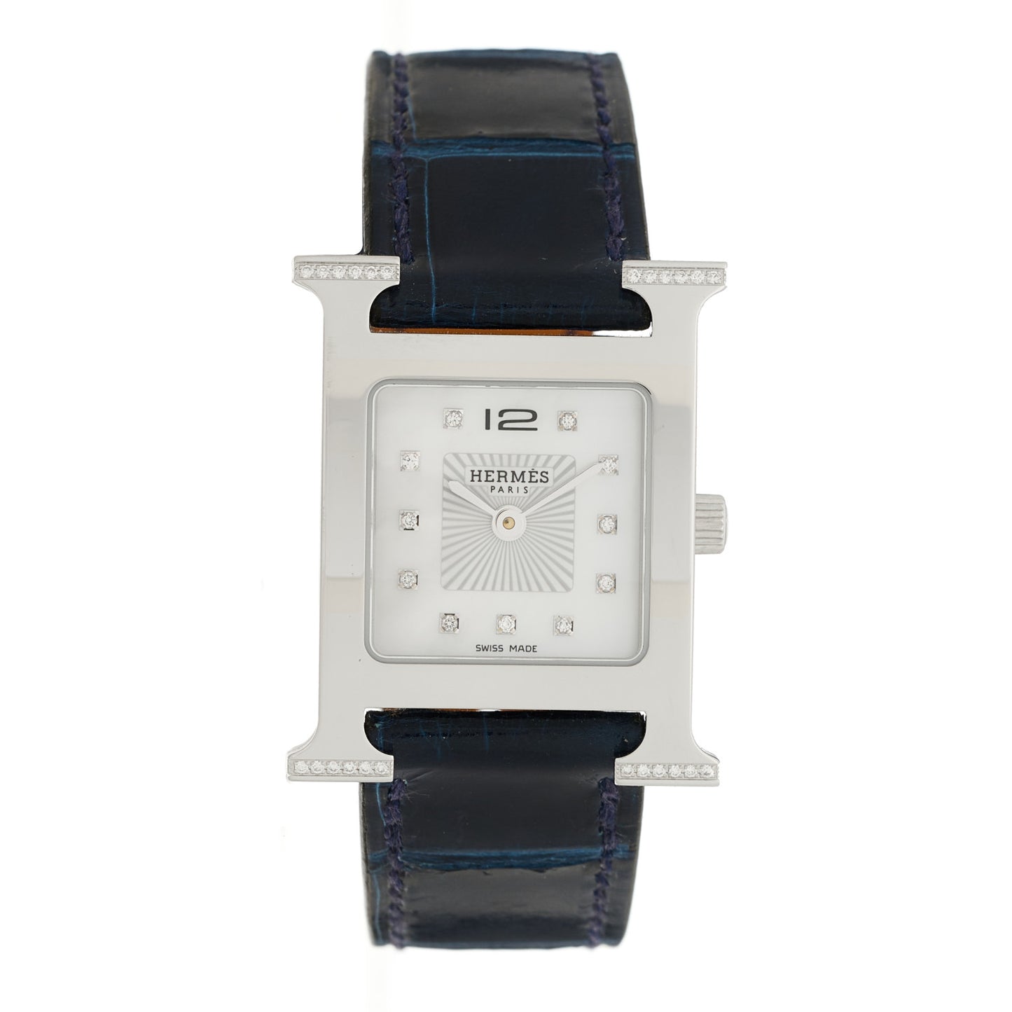 Stainless Steel Alligator Diamond Mother of Pearl 21mm Heure H Hour Quartz Watch Bleu Saphir