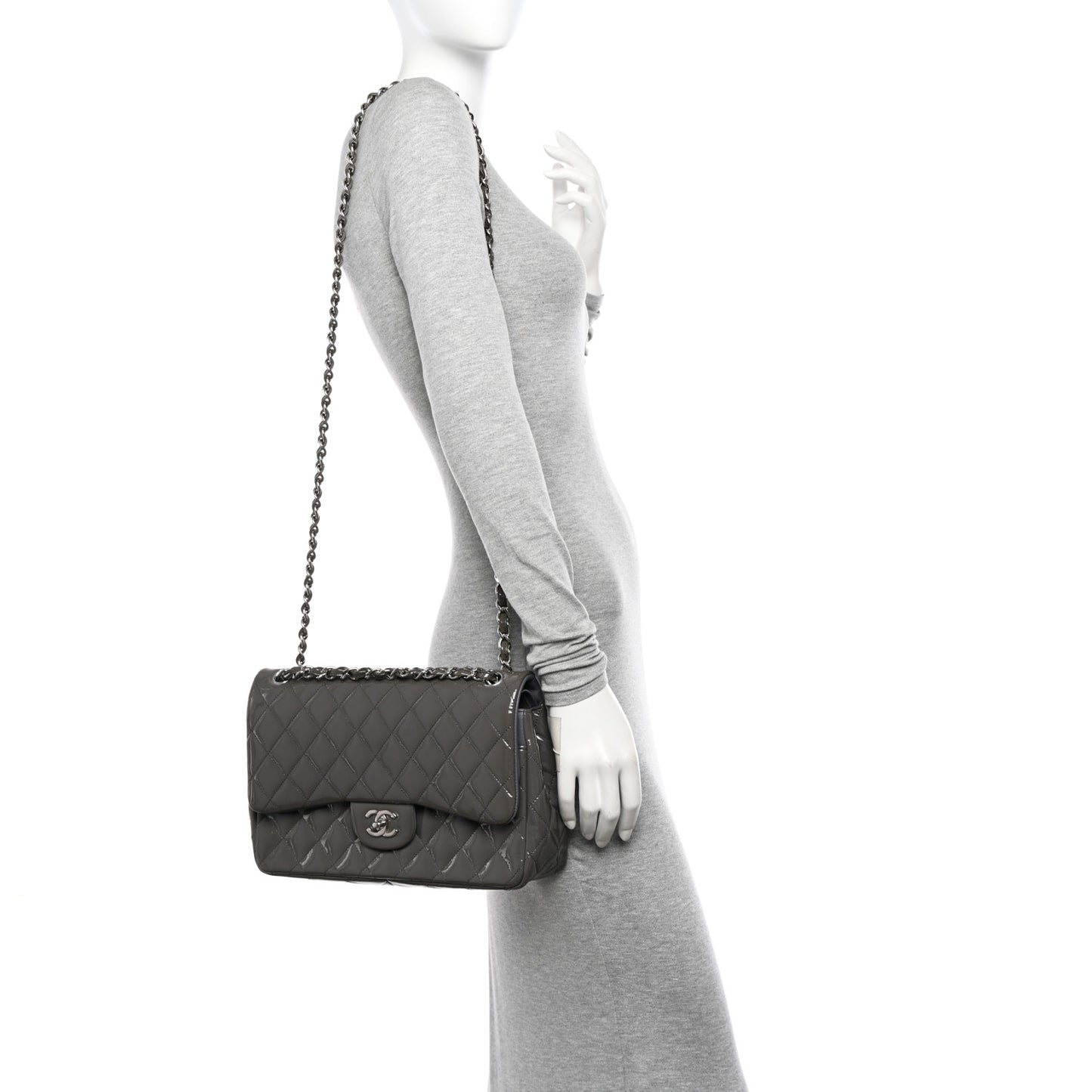 Patent Calfskin Quilted Jumbo Double Flap Grey