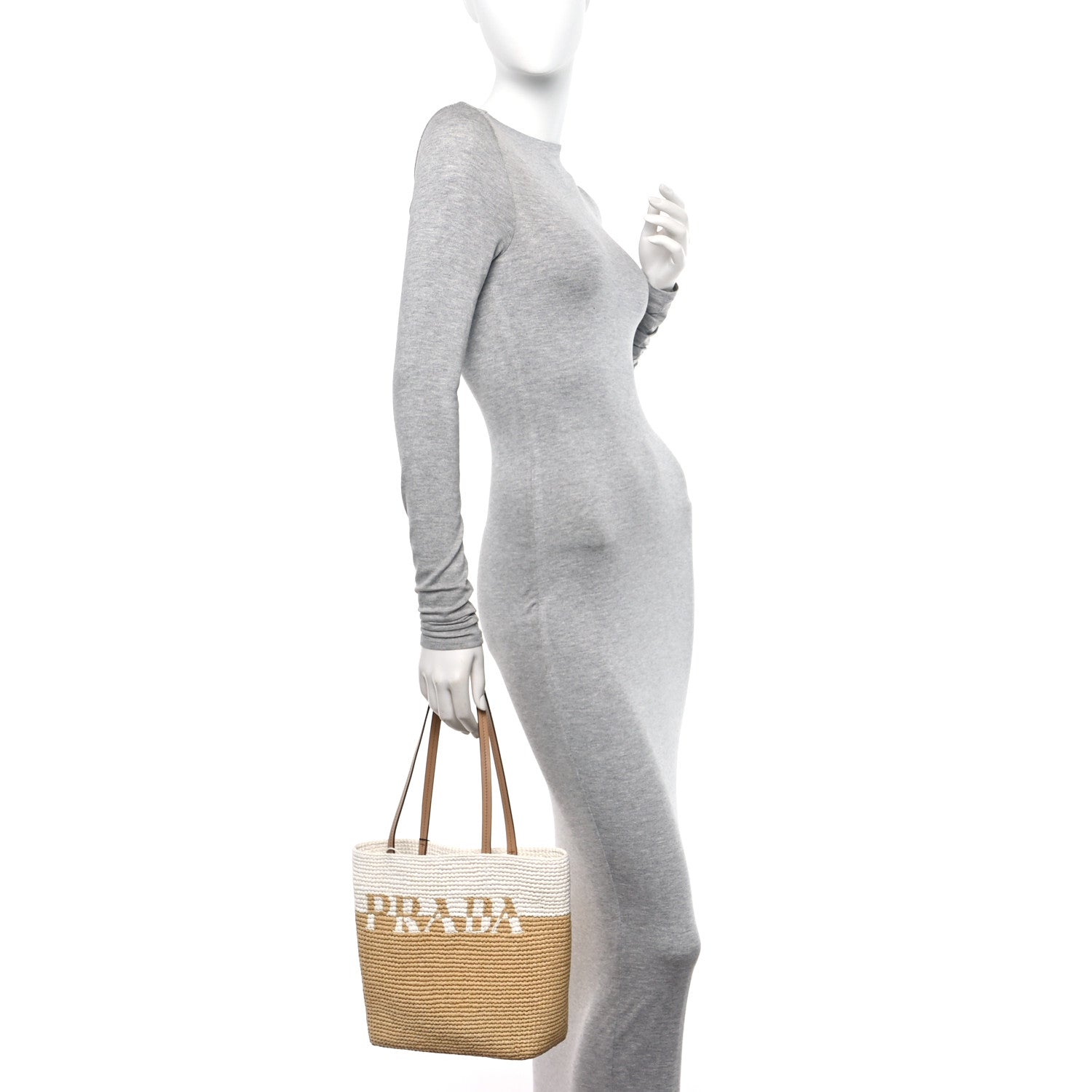 Prada Yarn Raffia Effect Crochet Vitello Logo Shopping Tote Naturale White 2 of 9