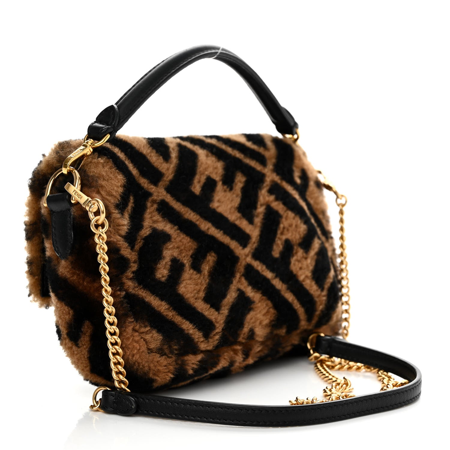 Fendi Shearling Vitello Dolce Macro FF 1974 Mini Baguette Tobacco Black 3 of 12