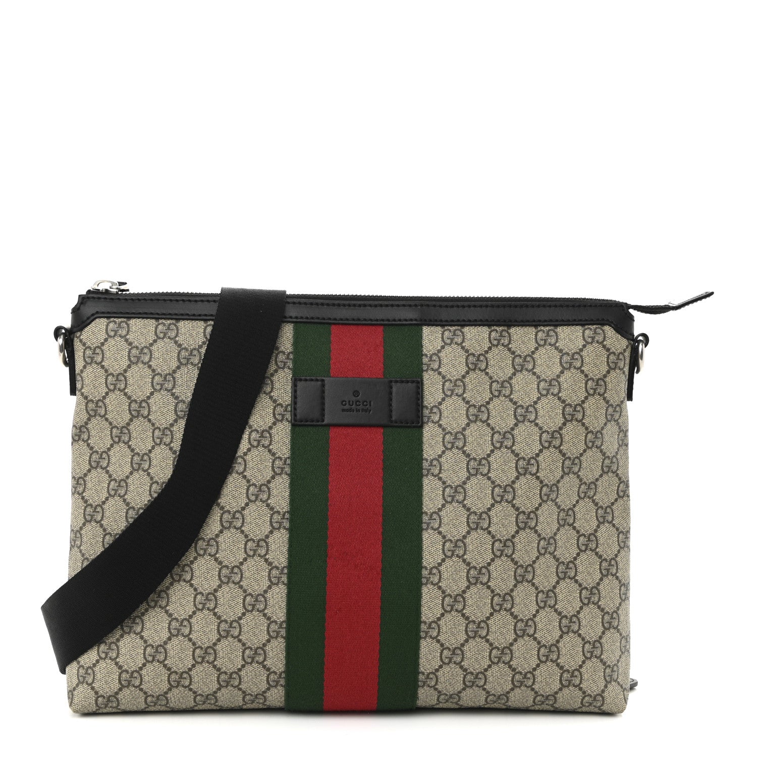 Gucci GG Supreme Monogram Calfskin Web Medium Flat Messenger Bag Beige Ebony Black 1 of 10