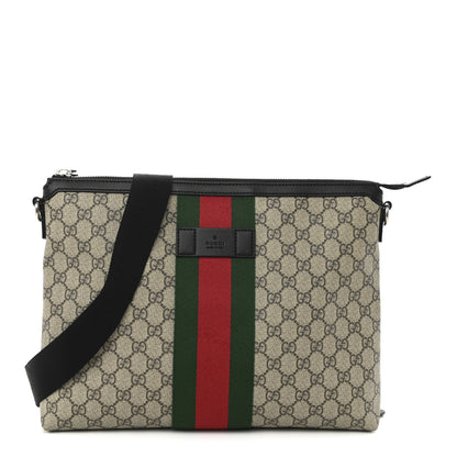 Gucci GG Supreme Monogram Calfskin Web Medium Flat Messenger Bag Beige Ebony Black 1 of 10