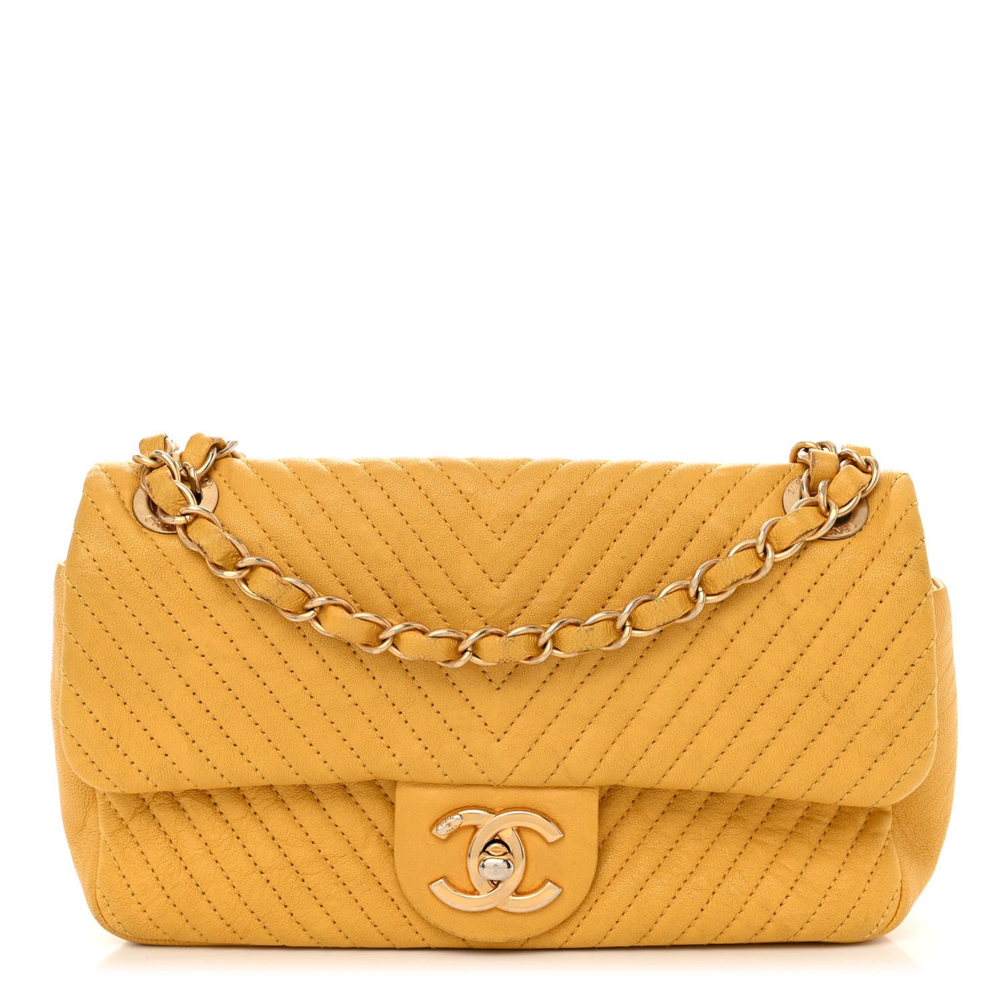 Calfskin Chevron Quilted Small Surpique Flap Yellow