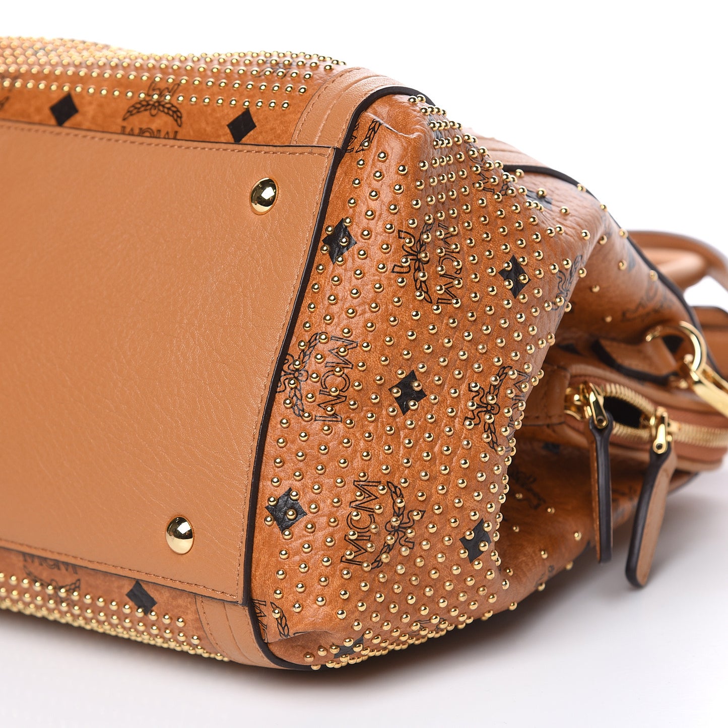 Visetos Studded Medium Boston Satchel Cognac