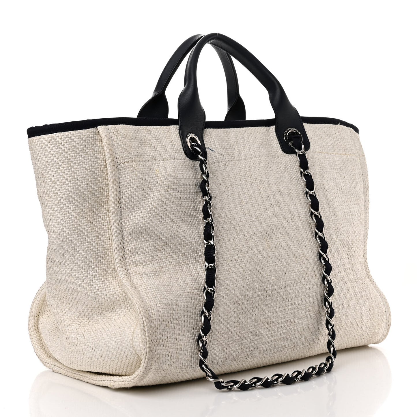 Woven Straw Raffia Medium Deauville Tote White Navy