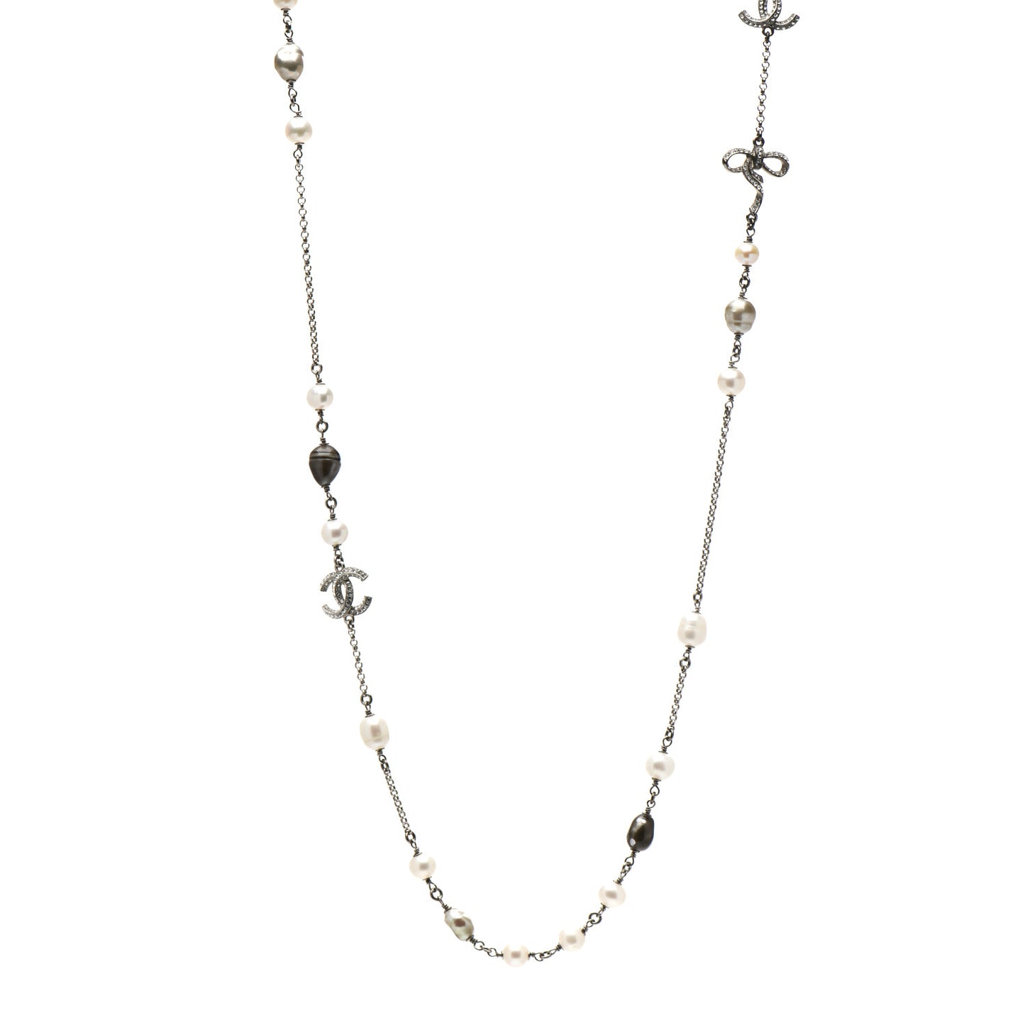 Pearl CC Crystal Bow Long Necklace Silver
