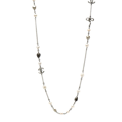Chanel Pearl CC Crystal Bow Long Necklace Silver 1 of 6