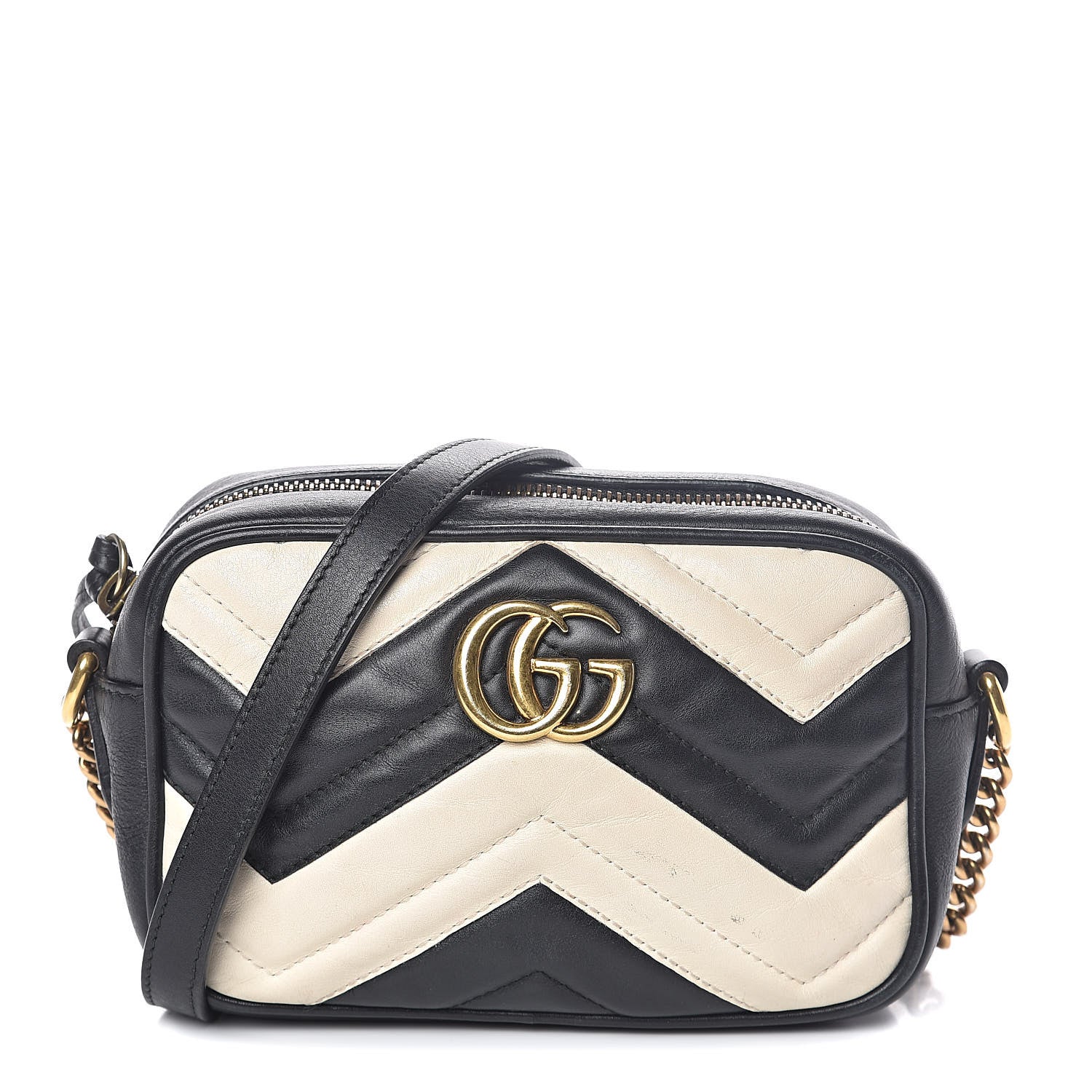 Gucci Calfskin Matelasse Mini GG Marmont Chain Shoulder Bag Black White 1 of 10