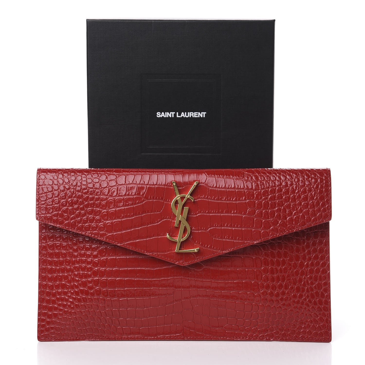 Saint Laurent Calfskin Crocodile Embossed Uptown Monogram Clutch Rouge Eros 10 of 10