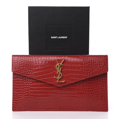 Saint Laurent Calfskin Crocodile Embossed Uptown Monogram Clutch Rouge Eros 10 of 10