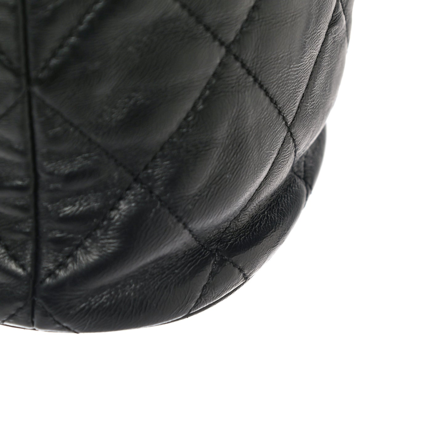 Lambskin Enamel Quilted Pending CC Bucket Drawstring Bag Black