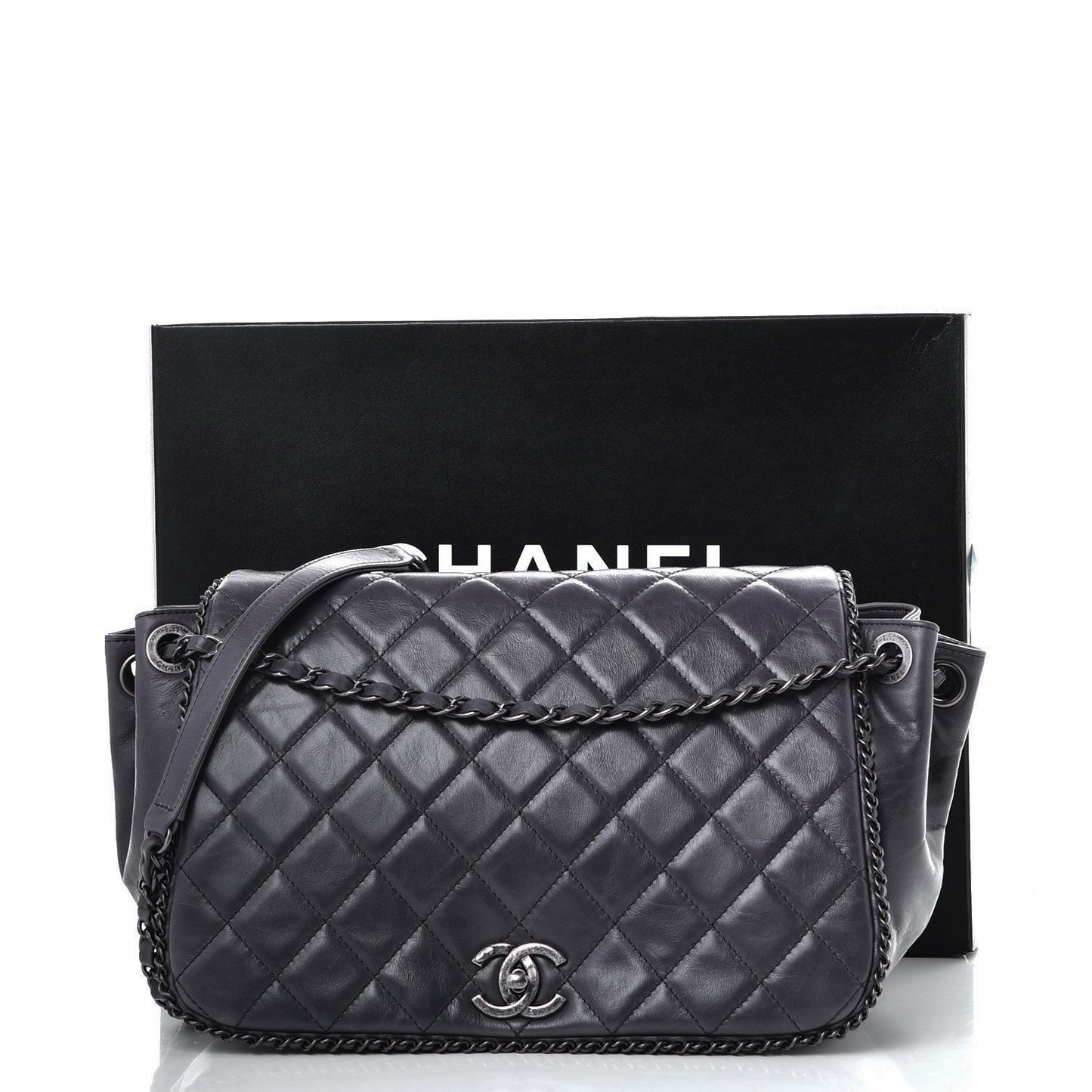 Calfskin Quilted Large CC Enchained Accordion Flap Grey