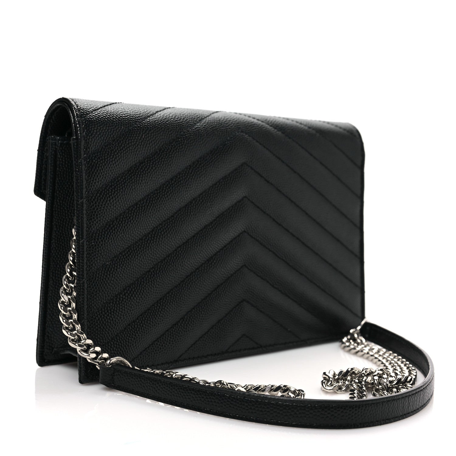 Saint Laurent Grain De Poudre Matelasse Chevron Monogram Envelope Chain Wallet Black 2 of 7