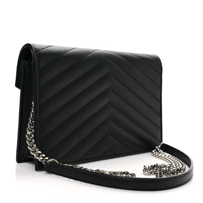 Saint Laurent Grain De Poudre Matelasse Chevron Monogram Envelope Chain Wallet Black 2 of 7