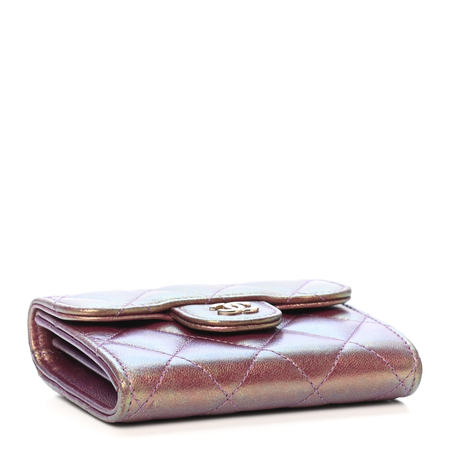 Iridescent Lambskin Quilted Flap Card Holder Wallet Purple
