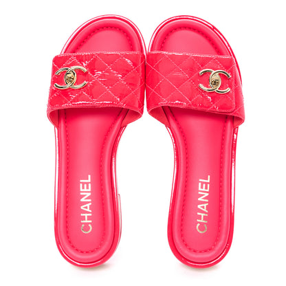 Chanel Patent Goatskin Quilted CC Sandals 38 Dark Pink 2 of 9