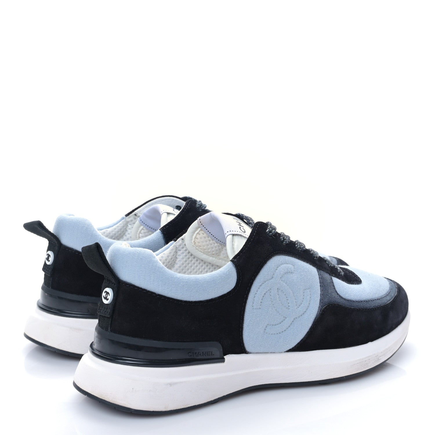 Chanel Suede Calfskin Fabric CC Sneakers 39 Light Blue Black 4 of 8