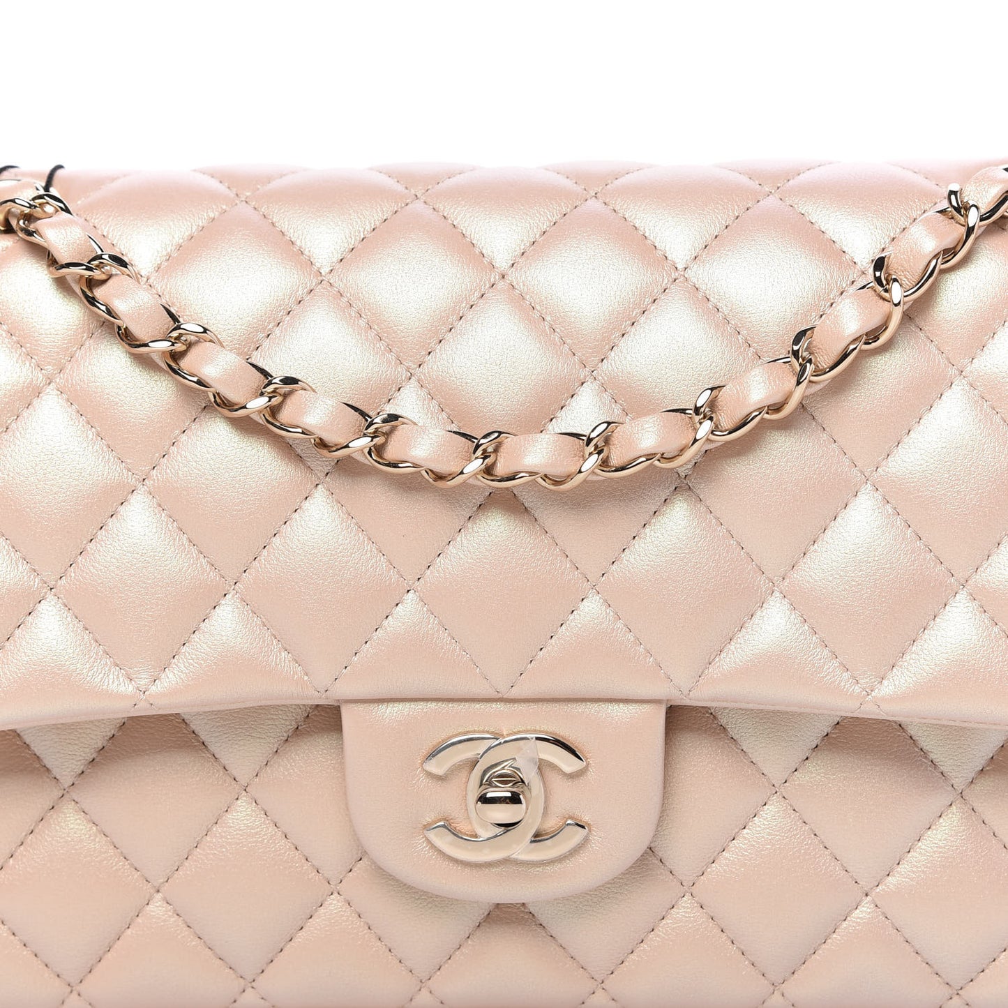 Iridescent Calfskin Quilted Medium Double Flap Beige