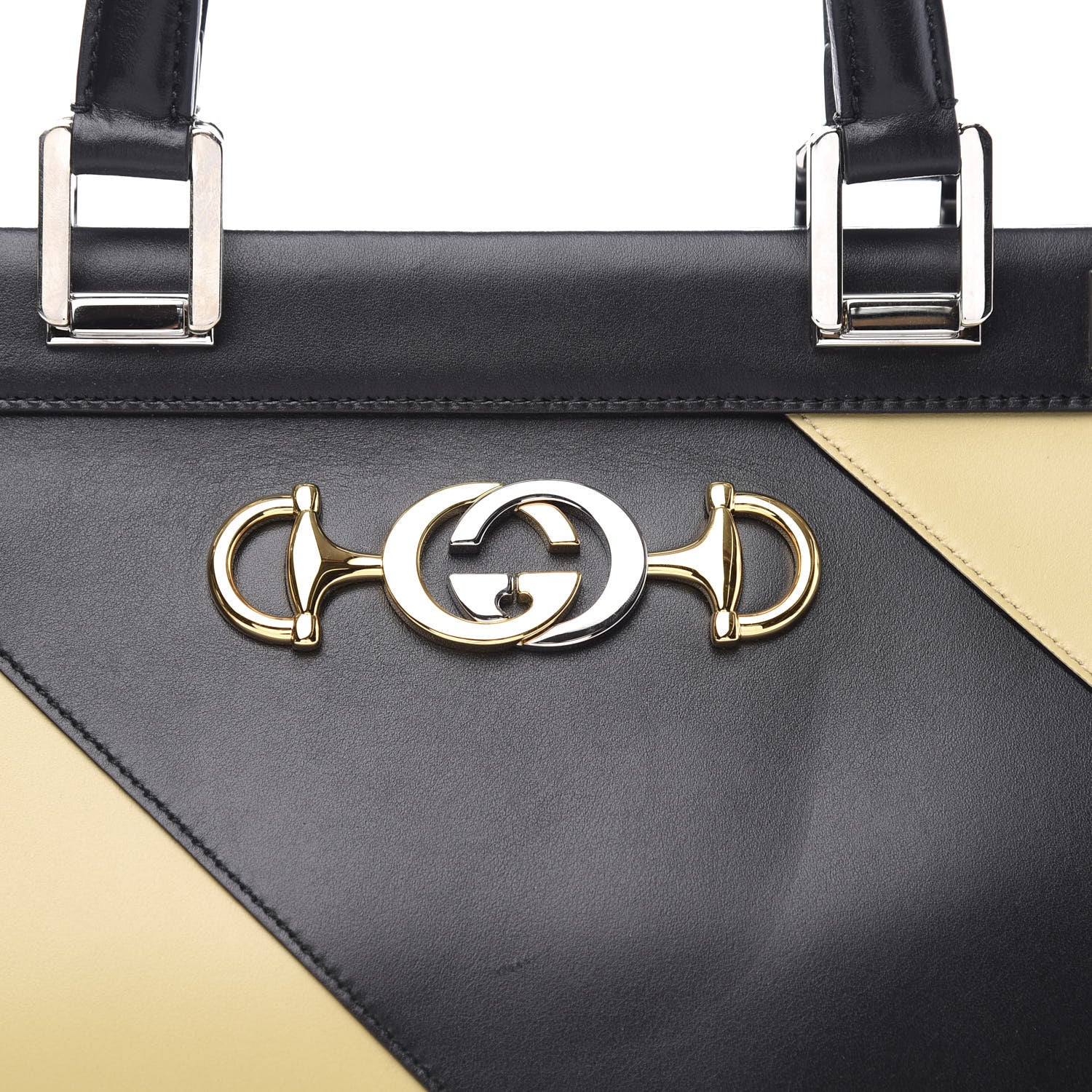Gucci Smooth Calfskin Diagonal Striped Medium Zumi Top Handle Bag Black Beige 11 of 11