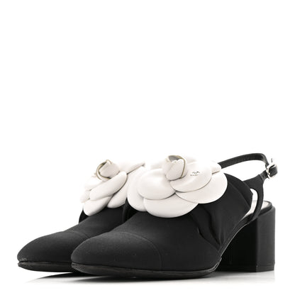 Chanel Grosgrain Lambskin Cap Toe Camellia Bow Slingback Pumps 37.5 Black 4 of 13