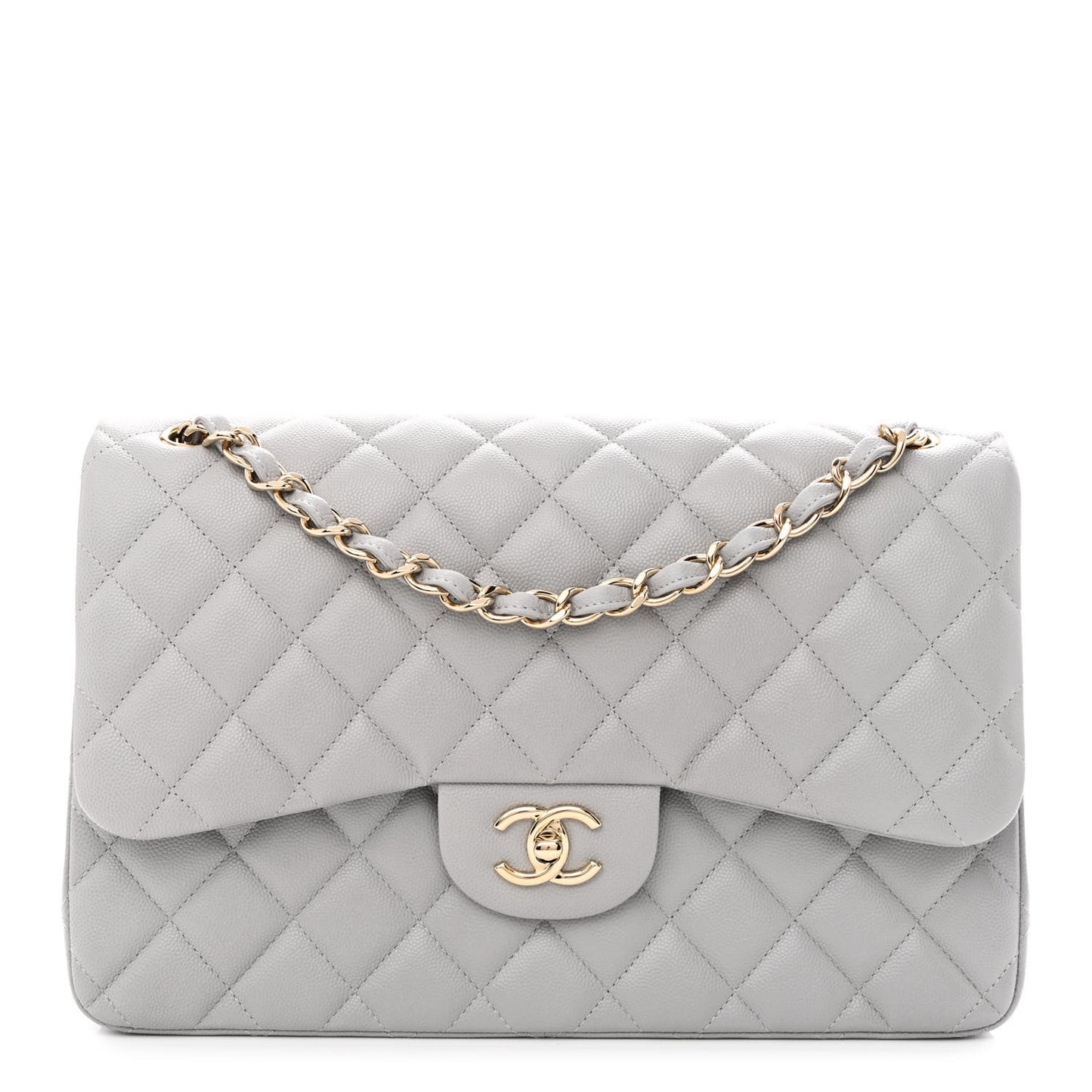 Caviar Quilted Jumbo Double Flap Light Grey