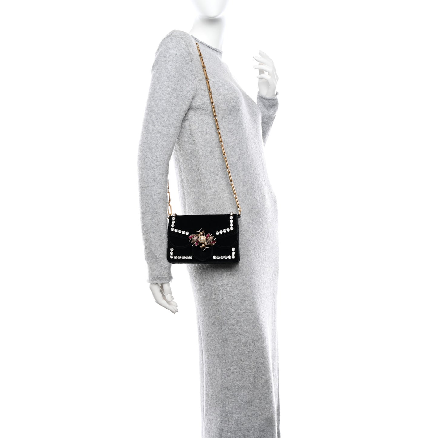 Velvet Crystal Mini Bee Broadway Shoulder Bag Black