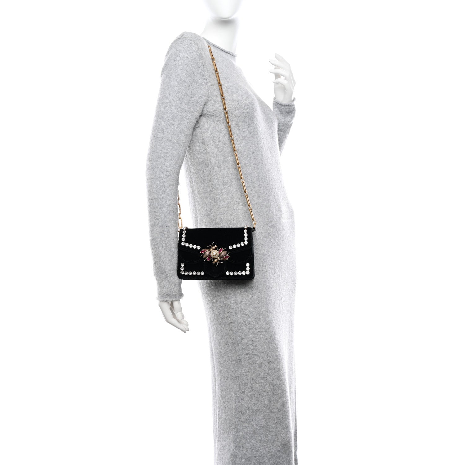 Gucci Velvet Crystal Mini Bee Broadway Shoulder Bag Black 2 of 12