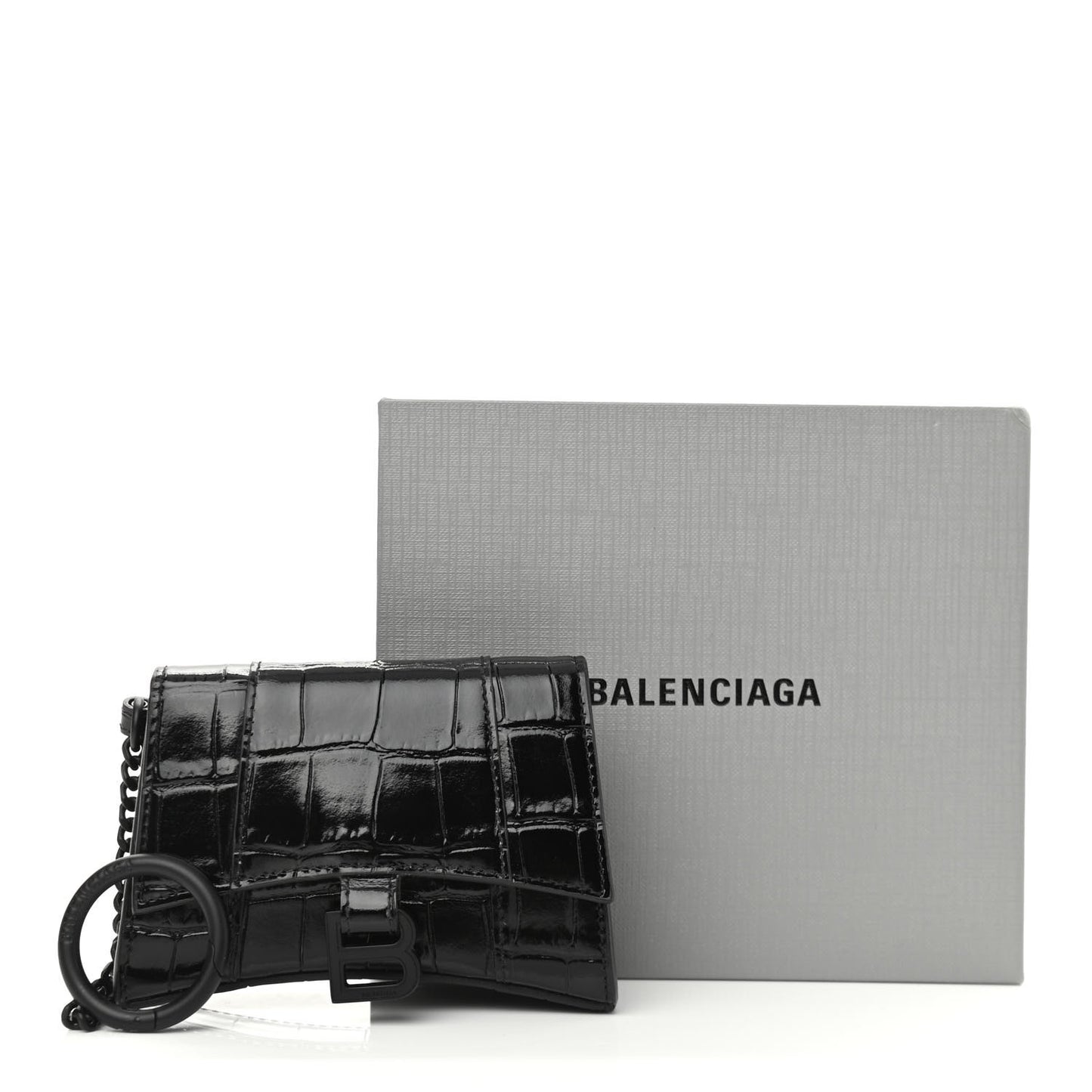 Shiny Calfskin Monochrome Crocodile Embossed Hourglass Chain Cardholder Black