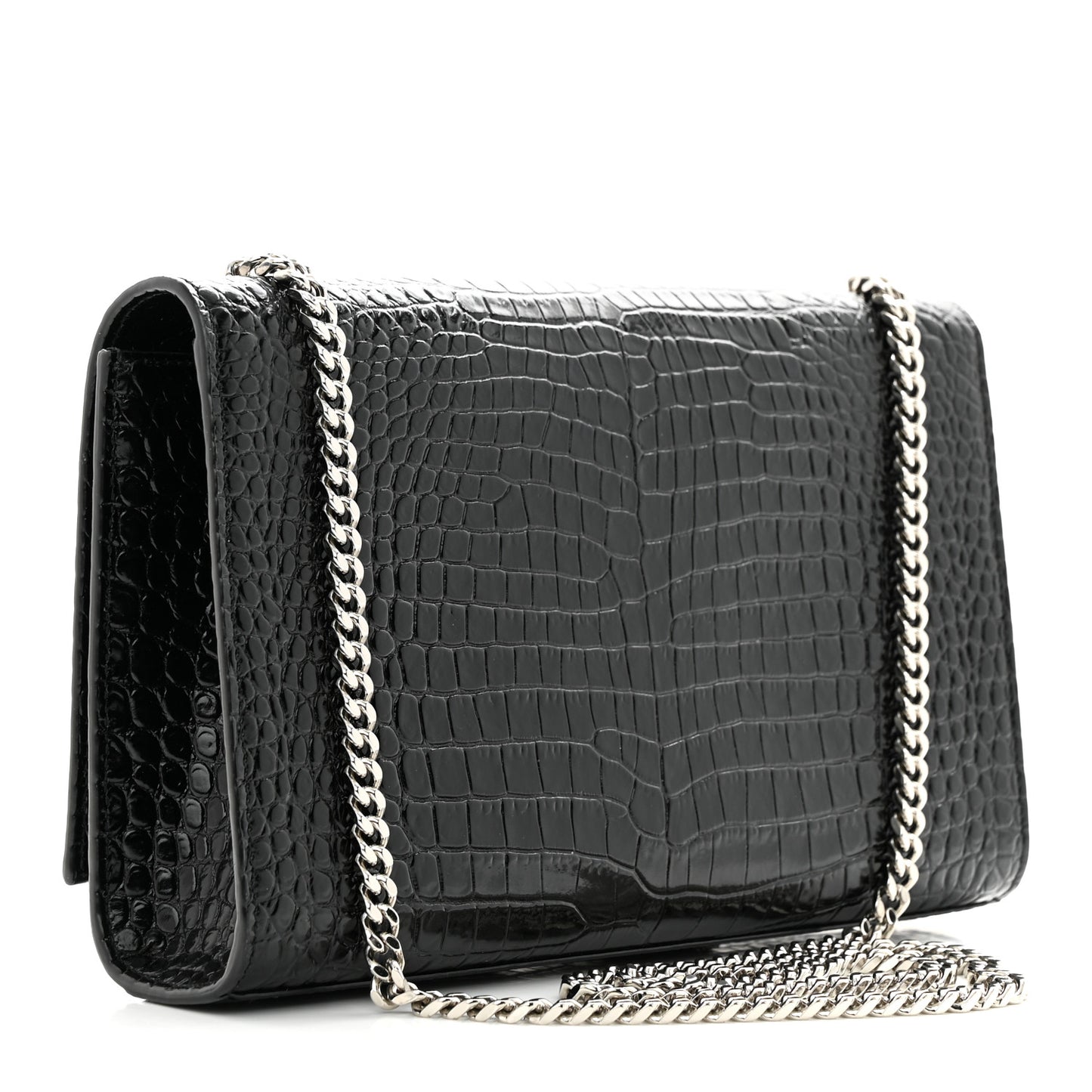 Calfskin Crocodile Embossed Medium Classic Monogram Kate Tassel Satchel Black