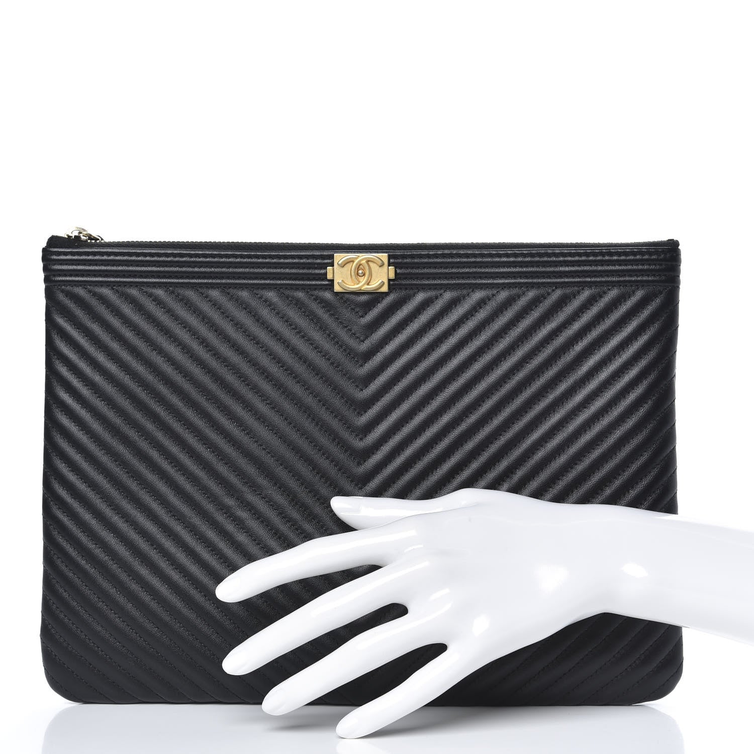 Chanel Calfskin Chevron Boy Zip Pouch Black 2 of 8
