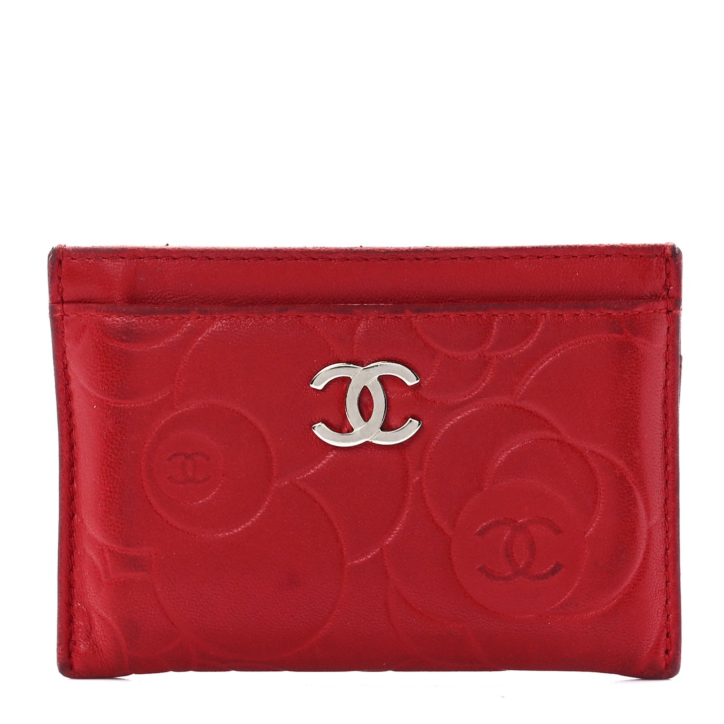 Lambskin Camellia Embossed Card Holder Red