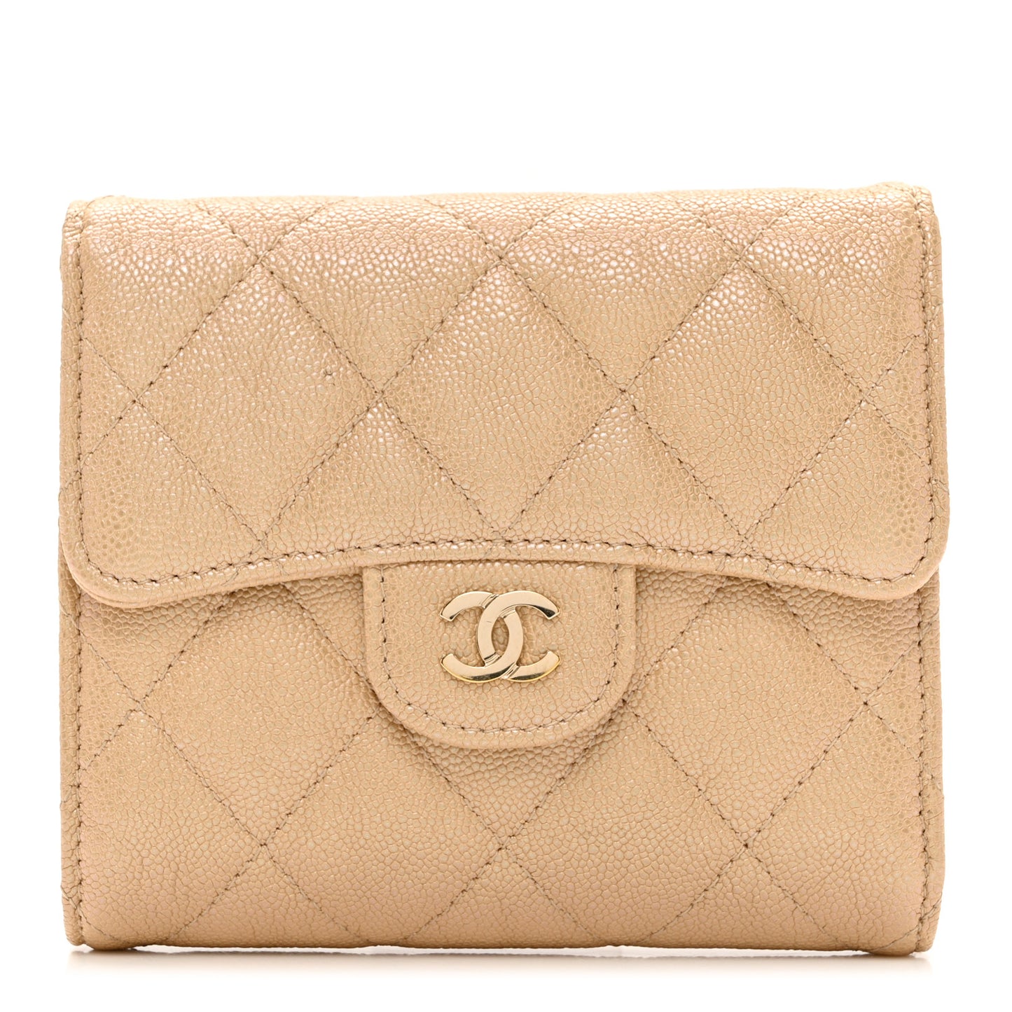 Iridescent Caviar Quilted Compact Flap Wallet Beige