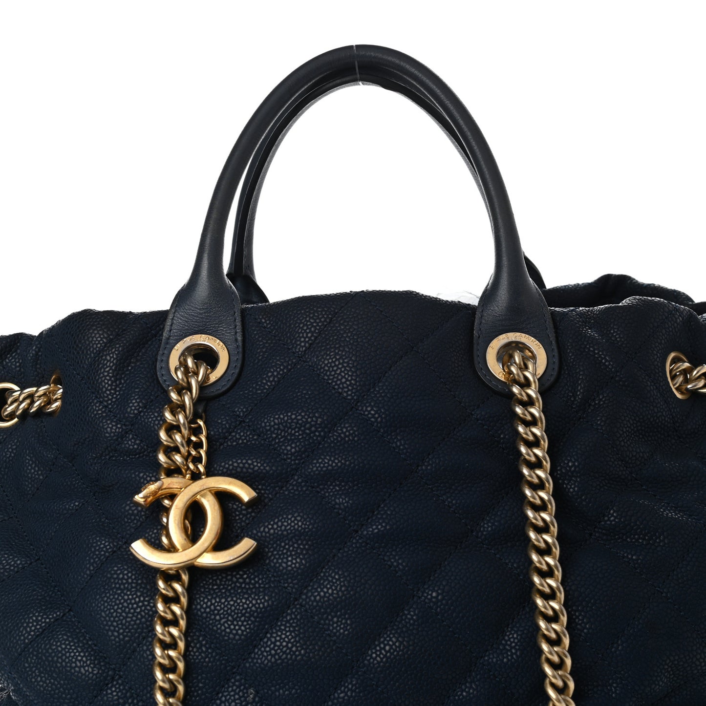 Iridescent Caviar Quilted Globe Trotter Shopping Tote Navy Blue