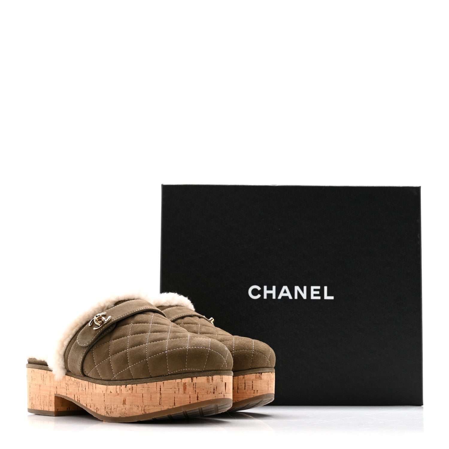 Chanel Suede Calfskin Shearling Turn Lock Clogs 38 Green 13 of 13