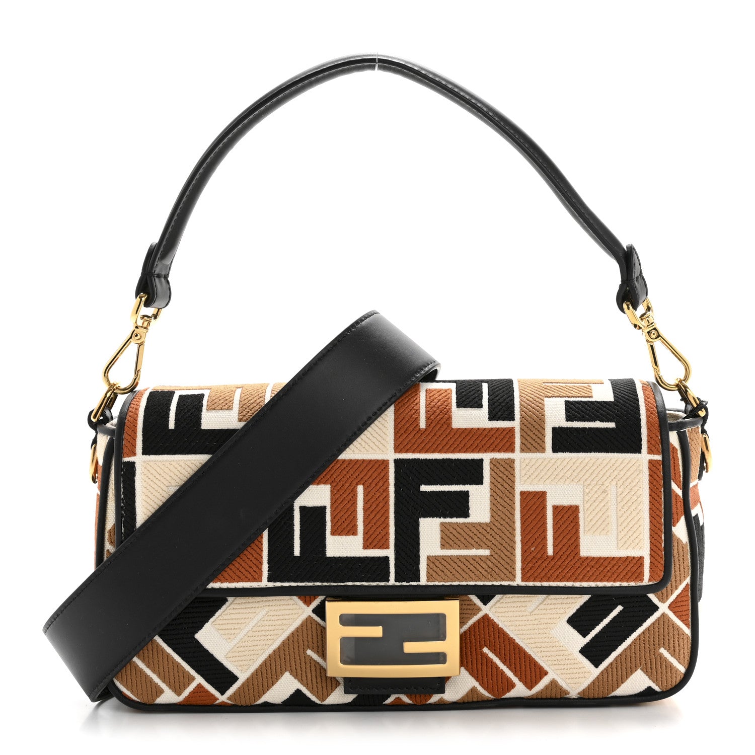 Fendi Canvas Vitello Seta FF Embroidered Baguette Brandy Black