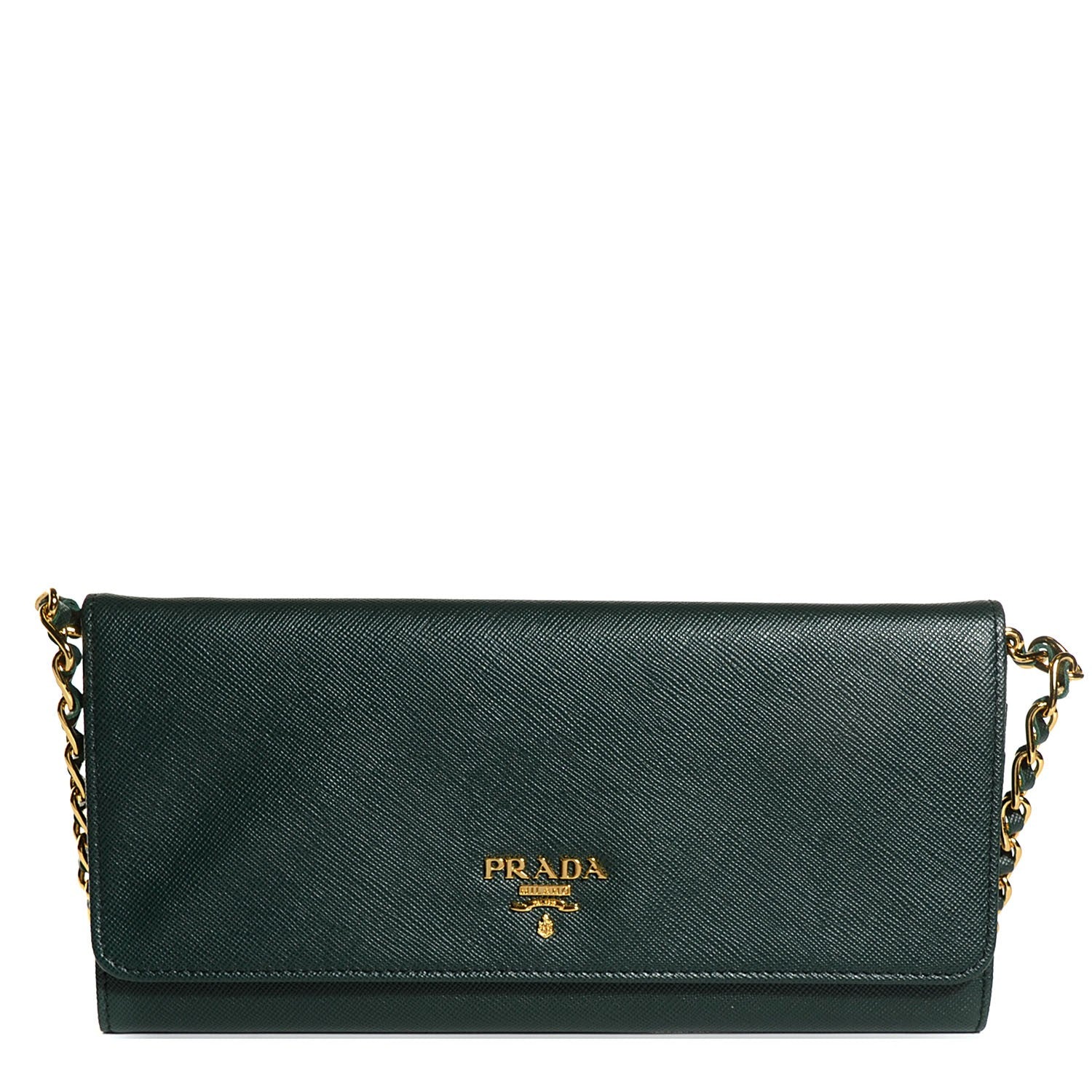 Prada Saffiano Metal Oro Chain Wallet Smeraldo 1 of 10