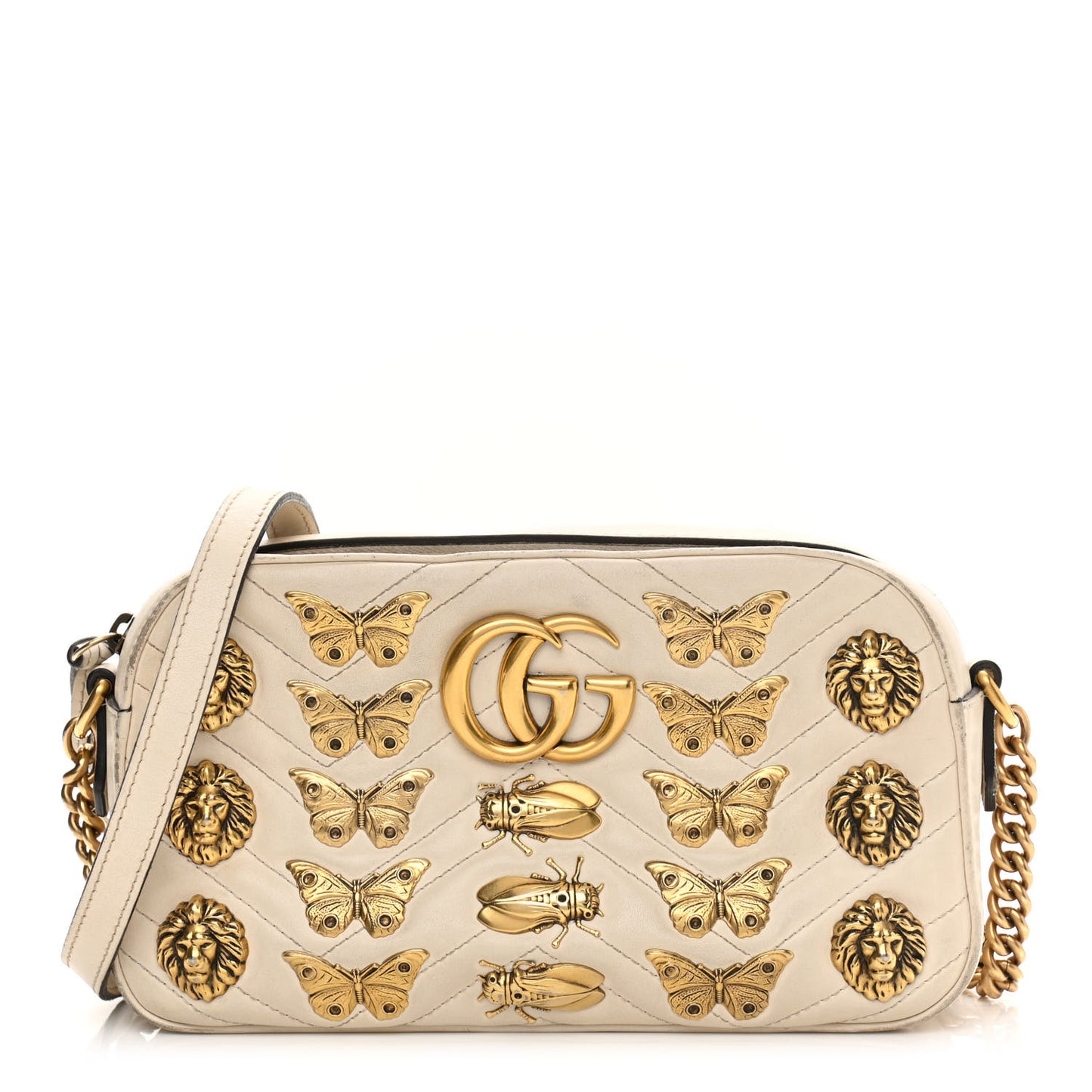 Calfskin Matelasse Animal Studs Small GG Marmont Chain Shoulder Bag White