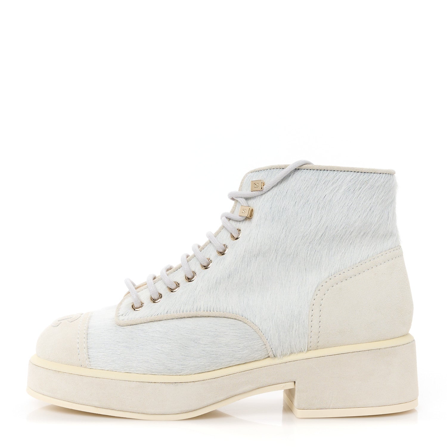 Chanel Suede Pony Hair Shearling Lace Up Combat Boots 37 White 1 of 10