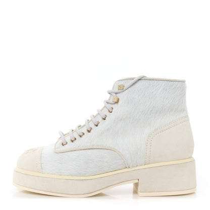 Chanel Suede Pony Hair Shearling Lace Up Combat Boots 37 White 1 of 10