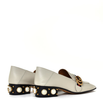 Gucci Betis Glamour Calfskin Web Pearl Embellished Peyton 35mm Loafer Pumps 38.5 Mystic White 5 of 12