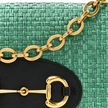 Gucci Straw Azalea Calfskin Mini Horsebit 1955 Chain Shoulder Bag Green Black 8 of 11