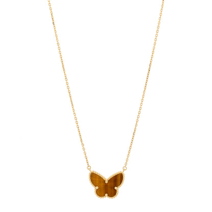 Van Cleef & Arpels 18K Yellow Gold Tiger Eye Lucky Alhambra Butterfly Pendant Necklace 1 of 5