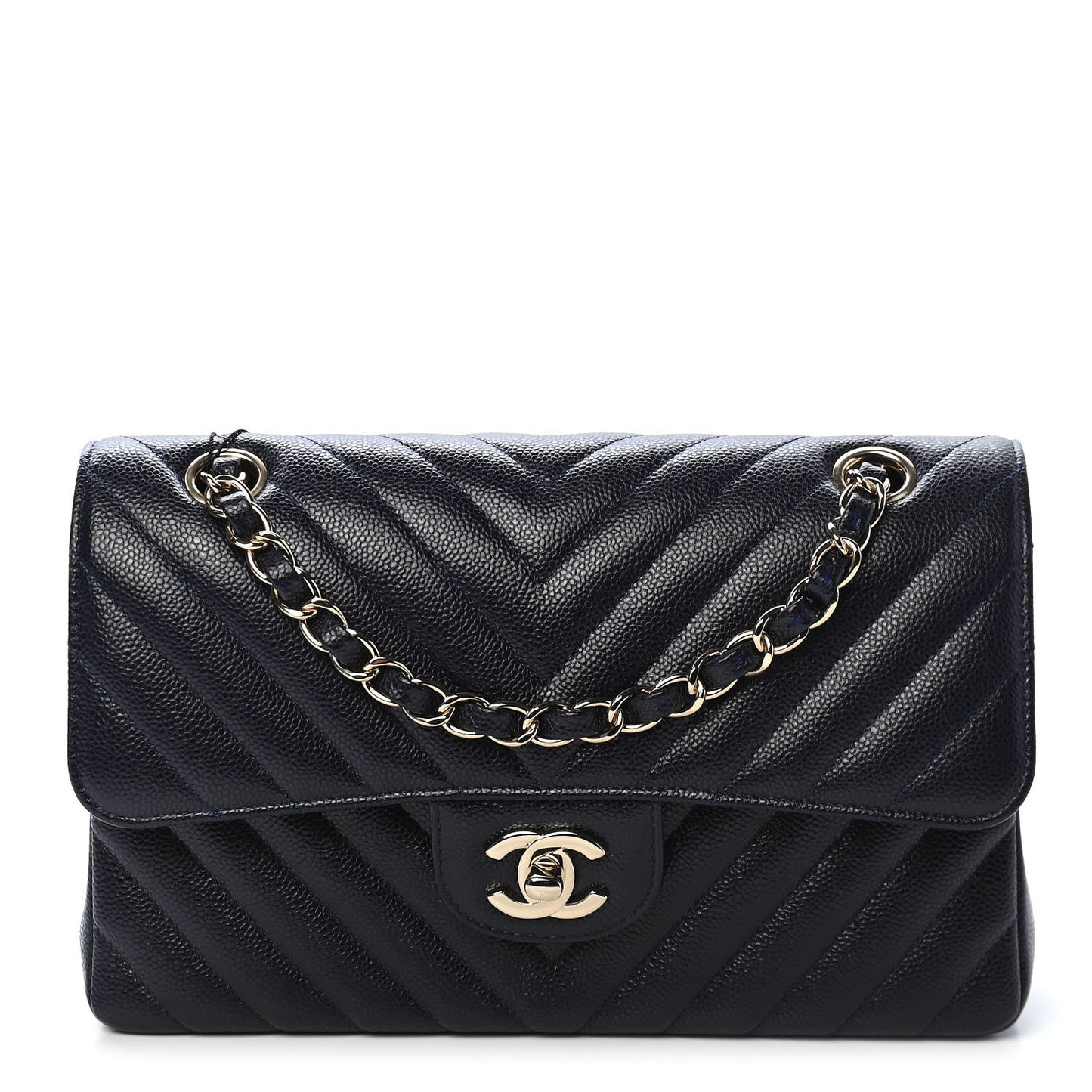 Caviar Chevron Quilted Small Double Flap Navy Blue