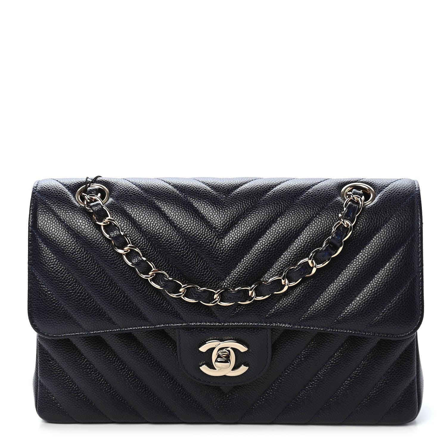 Chanel Caviar Chevron Quilted Small Double Flap Navy Blue 1 of 9