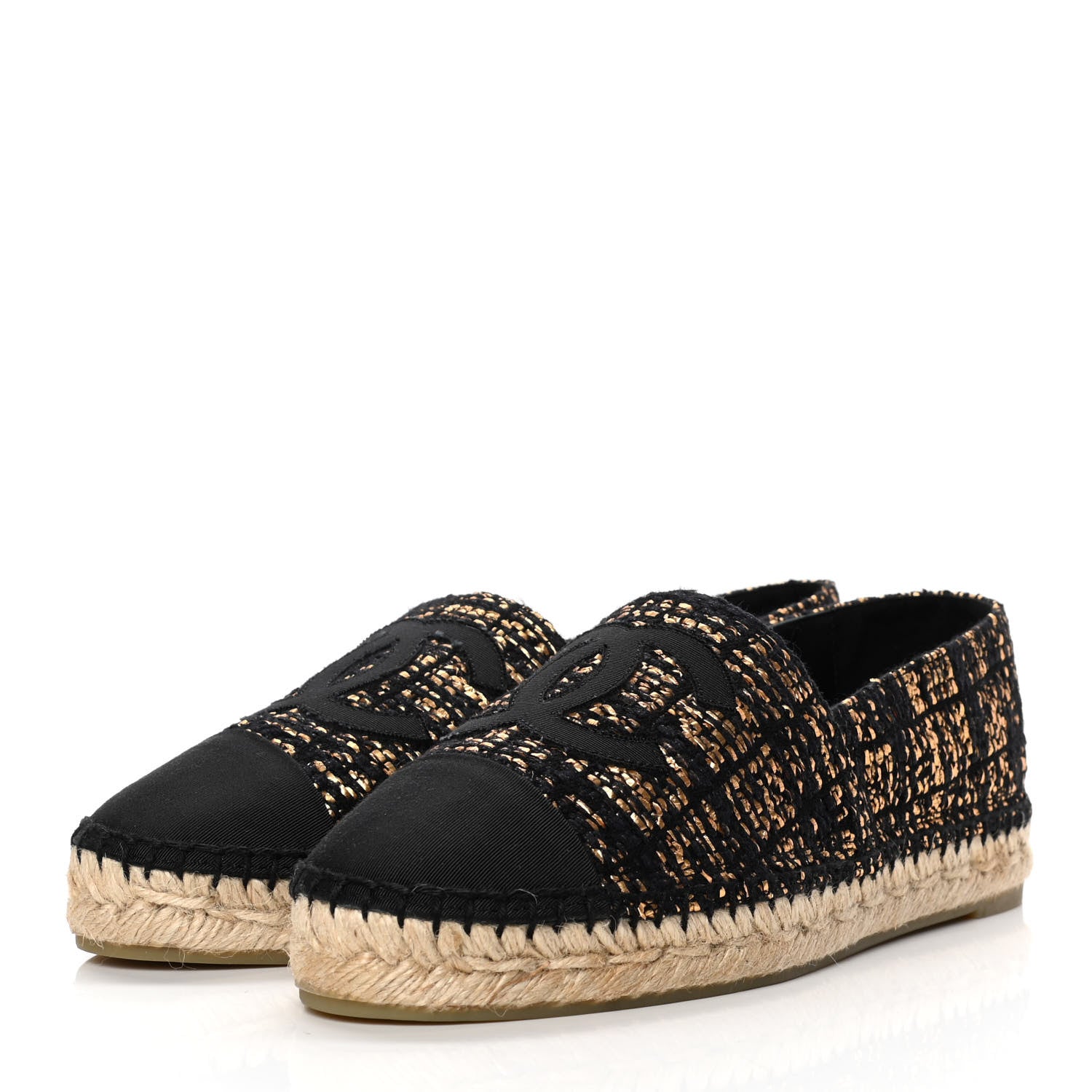 Chanel Metallic Tweed Grosgrain CC Espadrilles 39 Black Gold 5 of 15