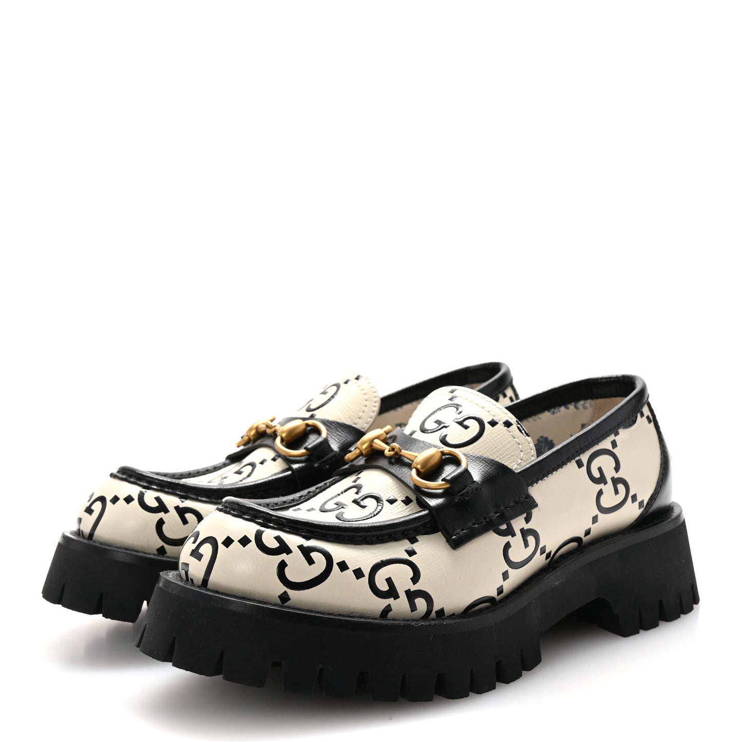Azalea Calfskin GG Monogram Bi-Color Debossed Womens Harald Horsebit 25mm Platform Loafers 36 Mystic White Black