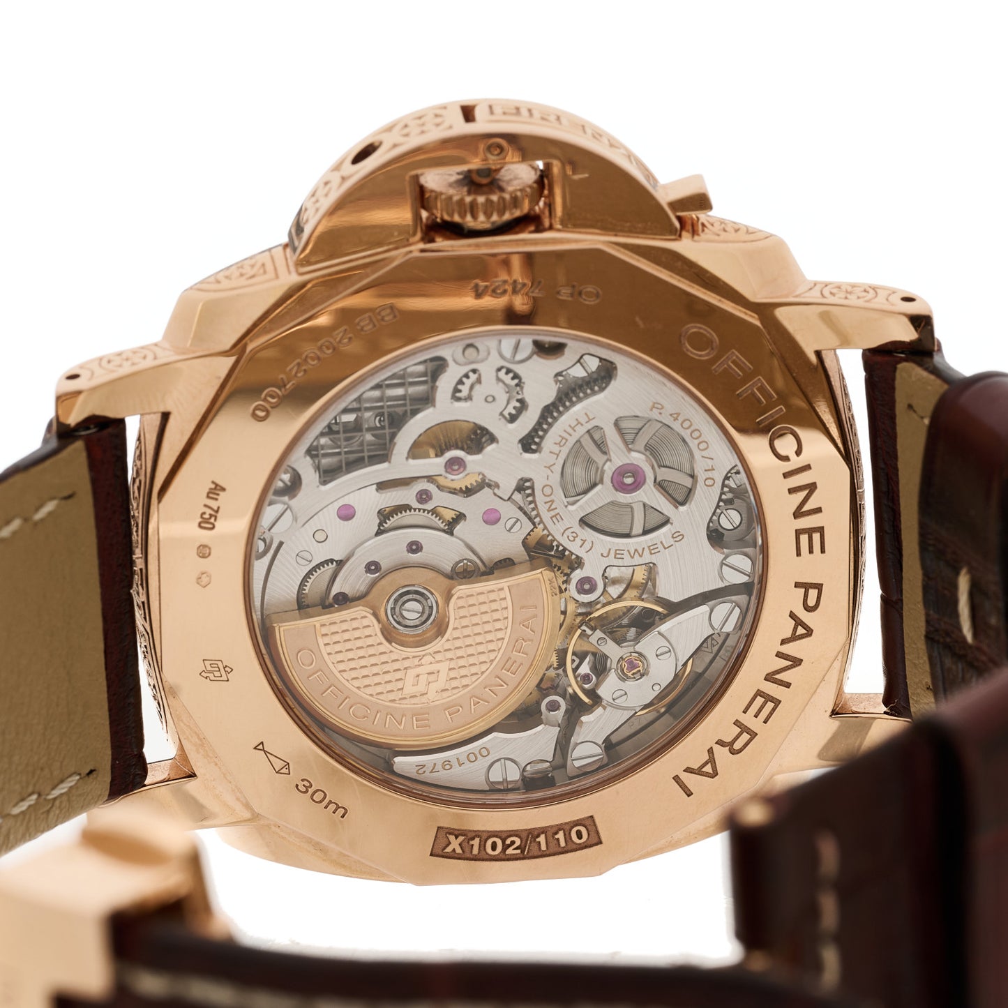 18K Rose Gold Alligator 45mm Luminor Due Firenze Goldtech Automatic Watch Blue PAM01204