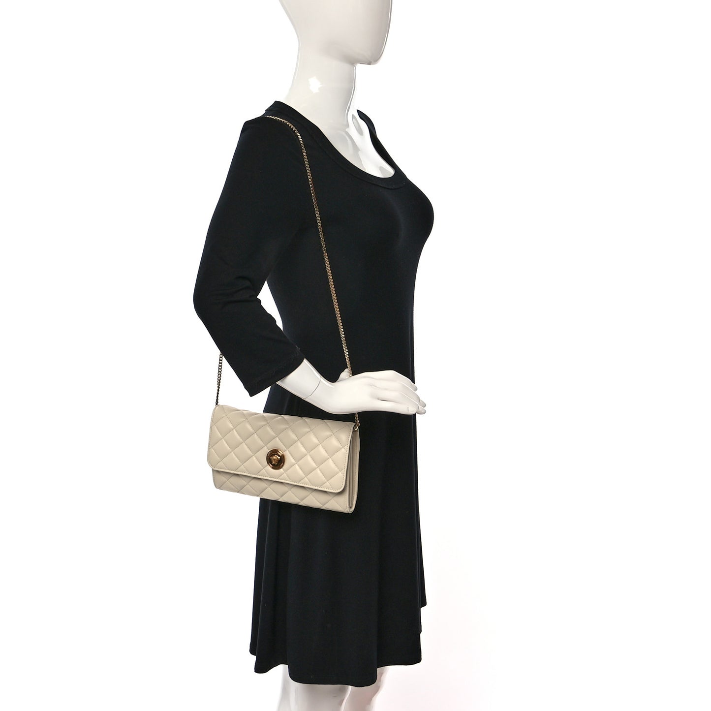 Lambskin Quilted Medusa Wallet on Chain Crossbody Beige
