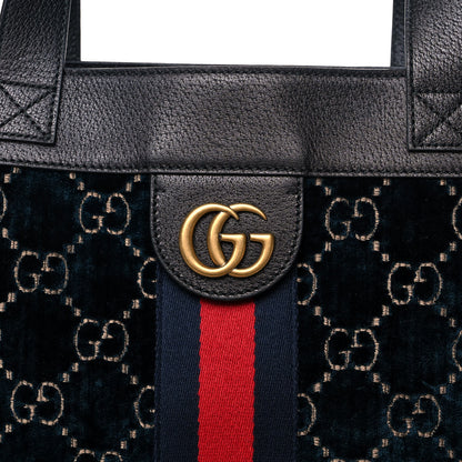 Gucci Velvet GG Monogram Textured Calfskin Web Large Ophidia Vertical Shopping Tote Blue Beige Black 9 of 11